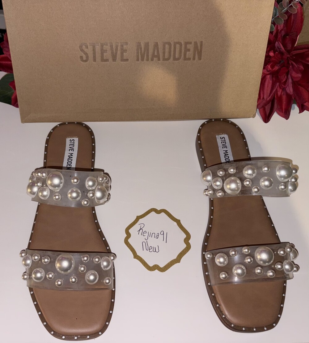 Steve Madden Pleez Clear Slide Sandals Size 10 Pearl Embellishments